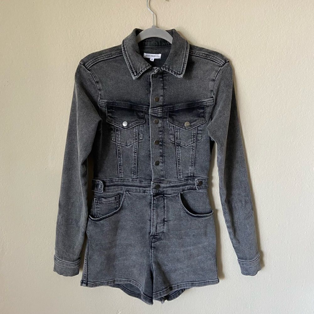 Good American Black Gray Denim Romper Jean Long Sleeve Collared One Piece Sze 2 - Picture 8 of 11